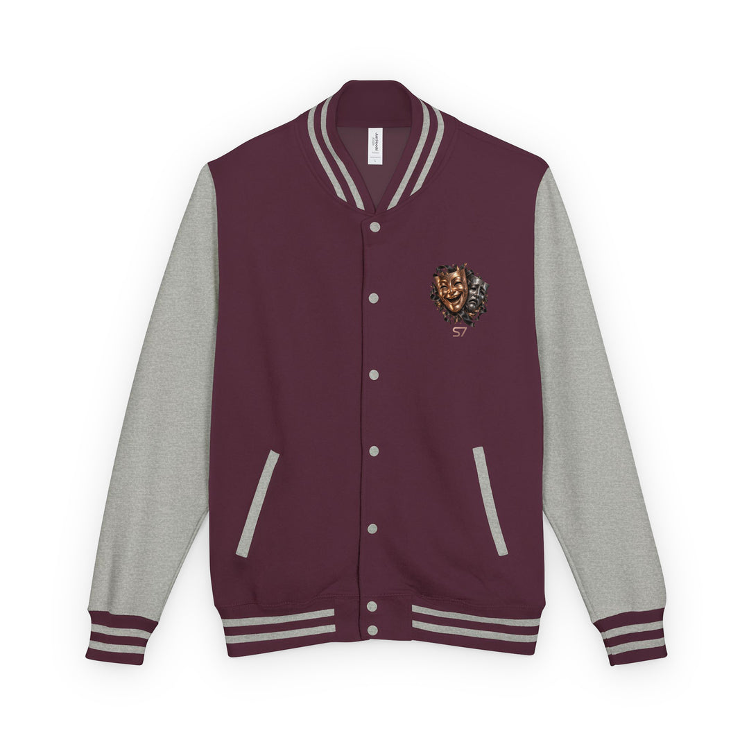 S7 “One Life, Two Views” Statement Varsity Jacket in burgundy with grey sleeves and dual-mask crest detail.