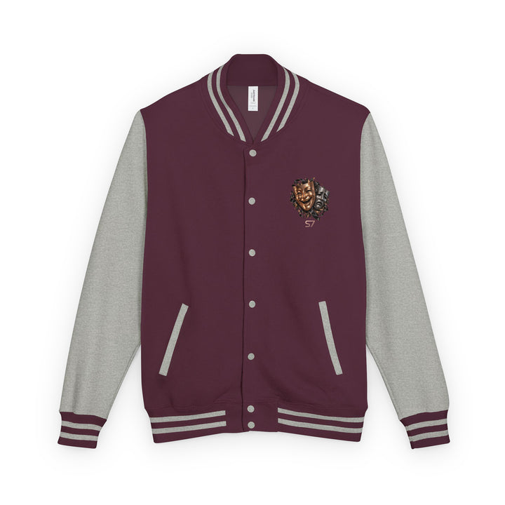 S7 “One Life, Two Views” Statement Varsity Jacket in burgundy with grey sleeves and dual-mask crest detail.