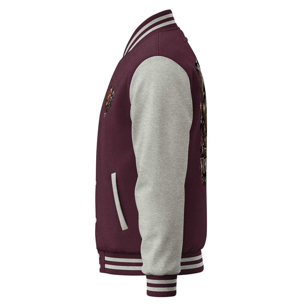 S7 "One Life, Two Views" Statement Varsity Jacket side view showcasing dual-mask crest and elegant fabric details.