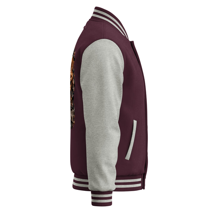 S7 “One Life, Two Views” Statement Varsity Jacket side view showcasing grey sleeves and layered design.