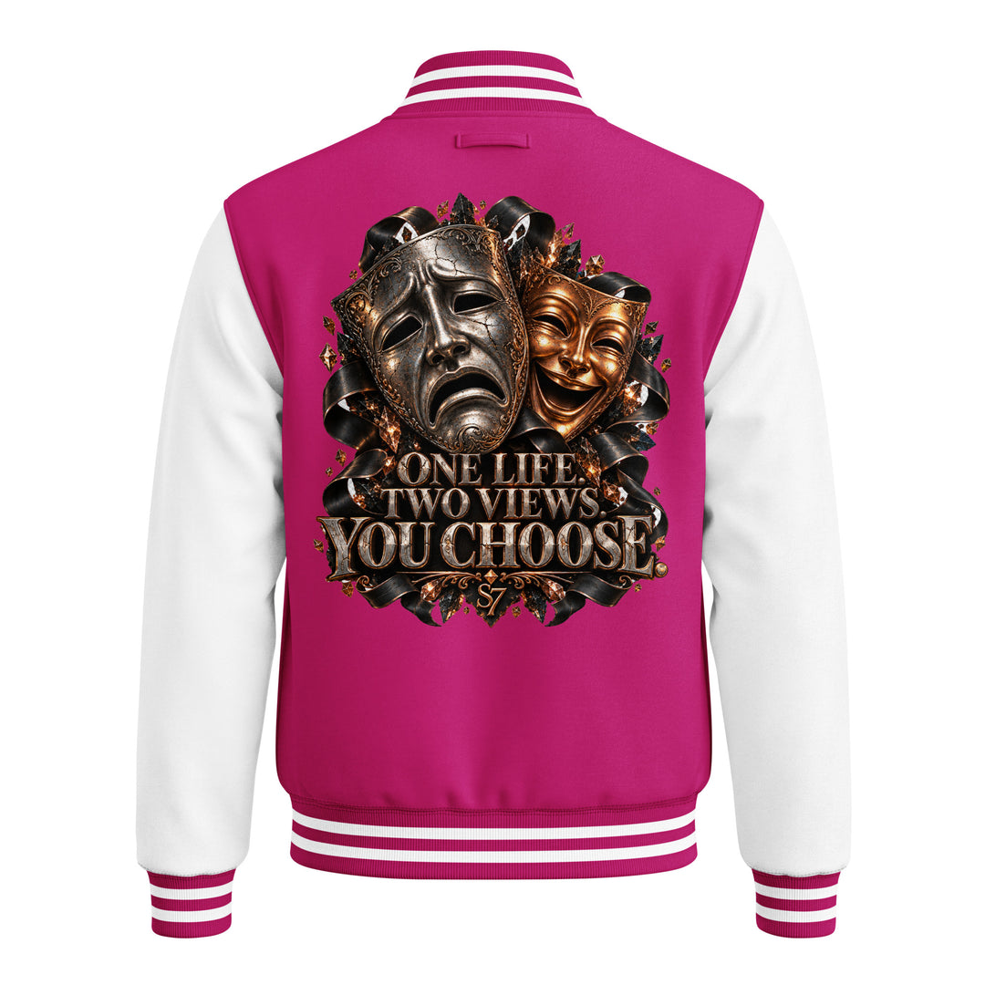 S7 “One Life, Two Views” Statement Varsity Jacket featuring dramatic mask artwork and statement text on the back.