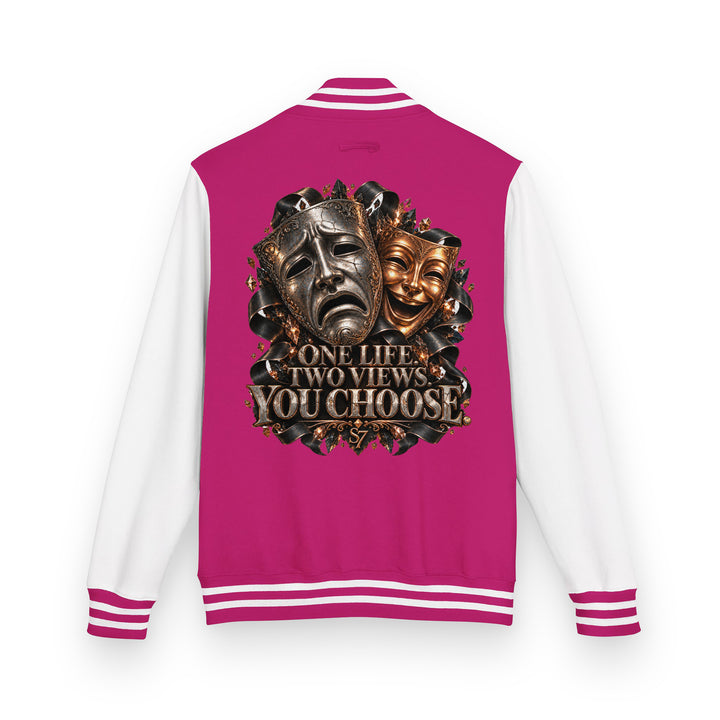 S7 “One Life, Two Views” Statement Varsity Jacket featuring comedy and tragedy masks with metallic artwork.