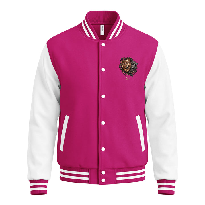 S7 “One Life, Two Views” Statement Varsity Jacket with pink and white design and dual-mask crest.