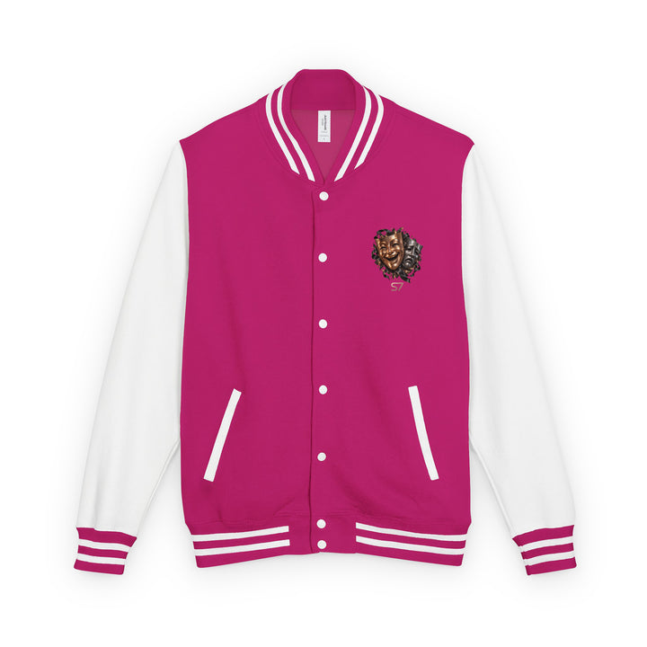 S7 “One Life, Two Views” Statement Varsity Jacket in hot pink featuring front dual-mask crest on a white sleeve.