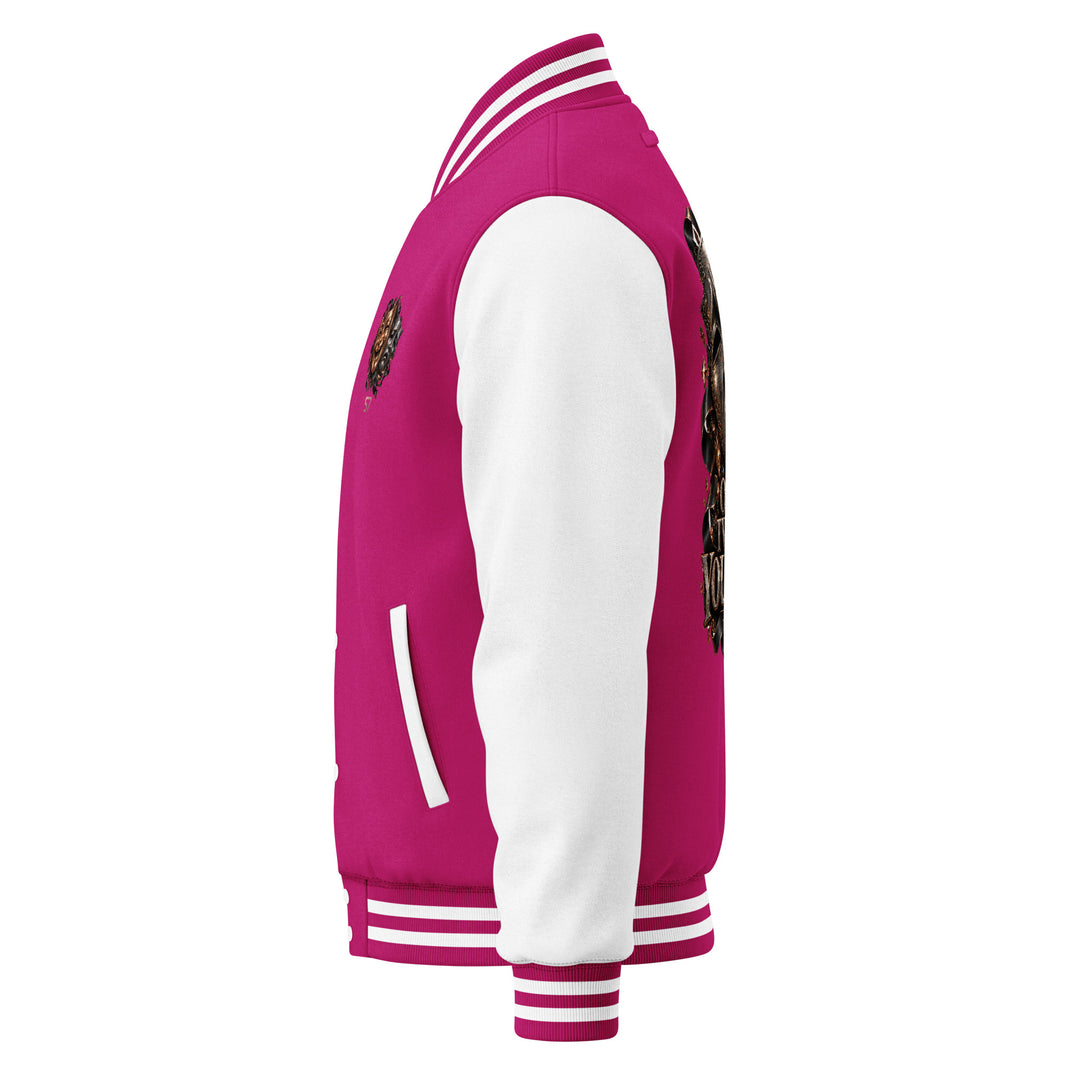 S7 “One Life, Two Views” Statement Varsity Jacket side view showcasing dual-color design and detailed crest.