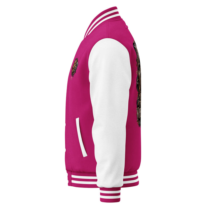 S7 “One Life, Two Views” Statement Varsity Jacket side view showcasing dual-color design and detailed crest.