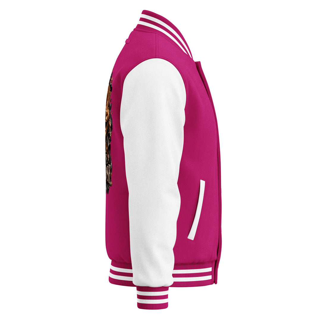 S7 “One Life, Two Views” Statement Varsity Jacket side view showcasing bold pink and white color contrast.