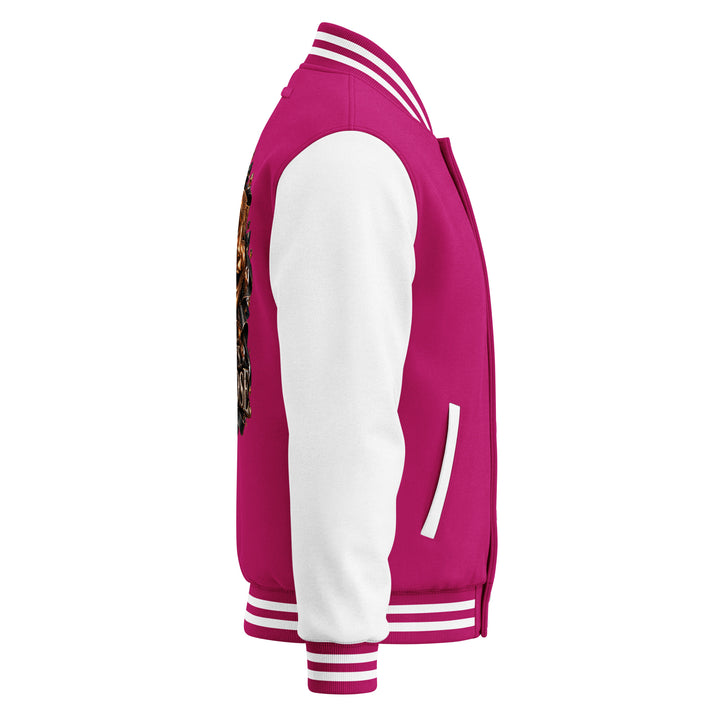S7 “One Life, Two Views” Statement Varsity Jacket side view showcasing bold pink and white color contrast.