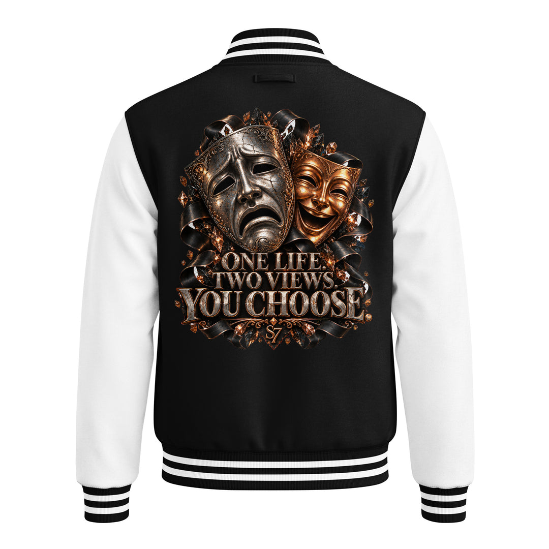 S7 “One Life, Two Views” Statement Varsity Jacket with dual comedy and tragedy masks and metallic artwork.