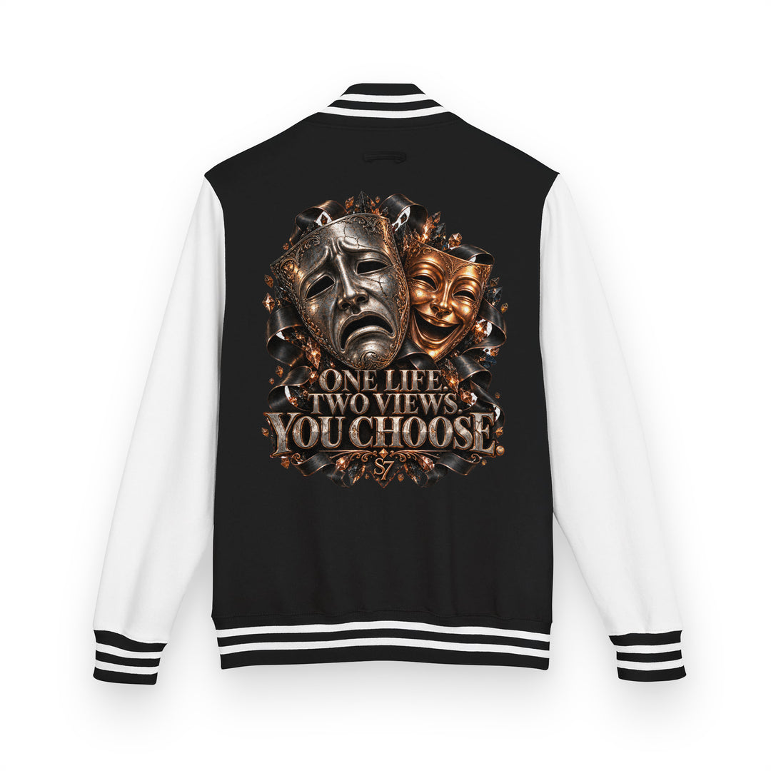 S7 “One Life, Two Views” Statement Varsity Jacket featuring dual masks and metallic artwork on back.