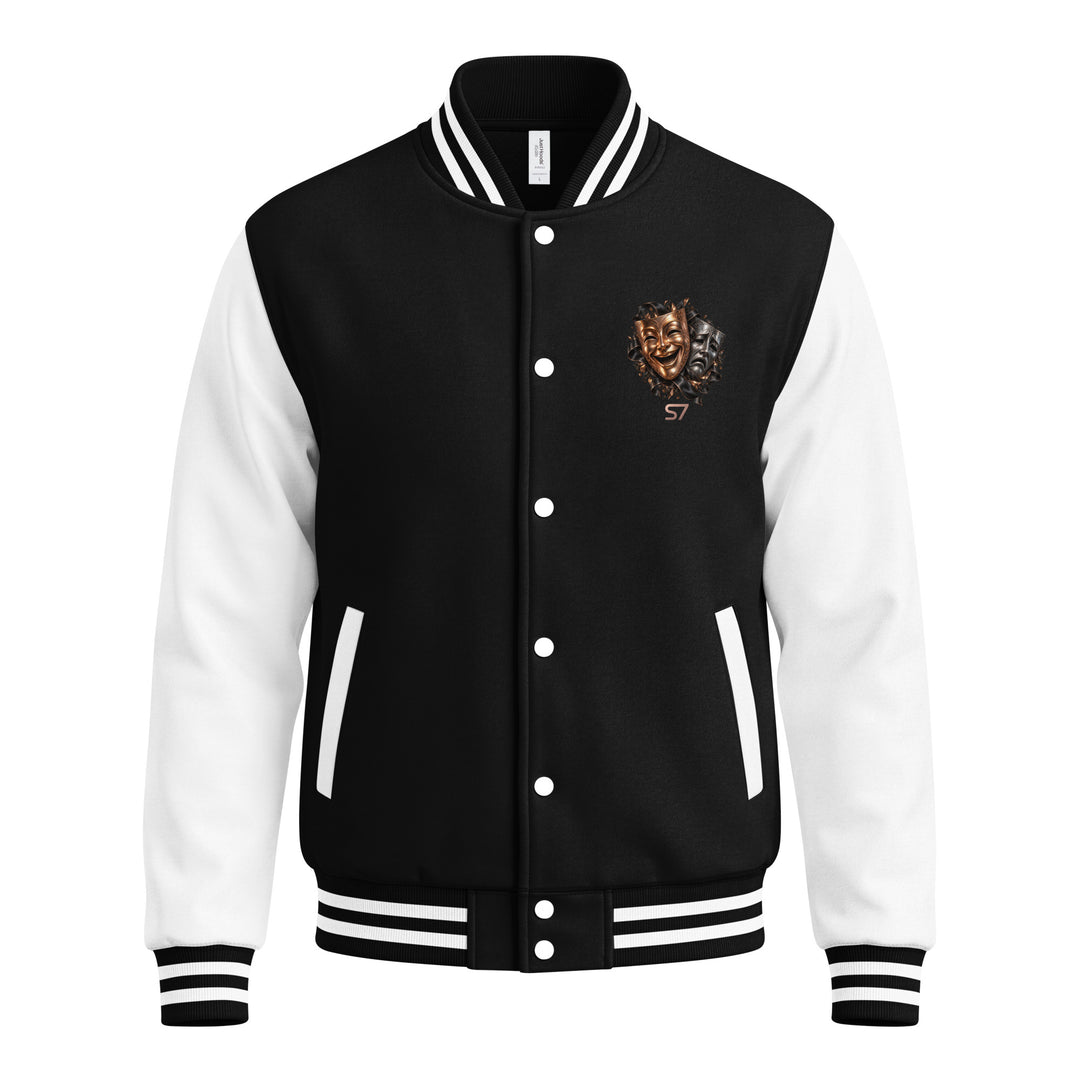 S7 “One Life, Two Views” Statement Varsity Jacket featuring a dimensional dual-mask crest on the front.