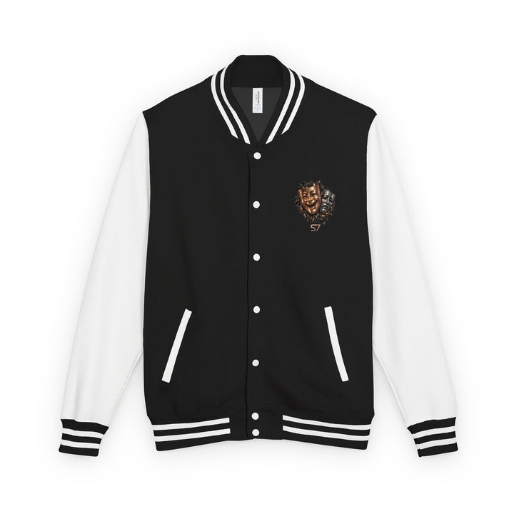 S7 “One Life, Two Views” Statement Varsity Jacket in jet black and arctic white featuring a dimensional dual-mask crest.
