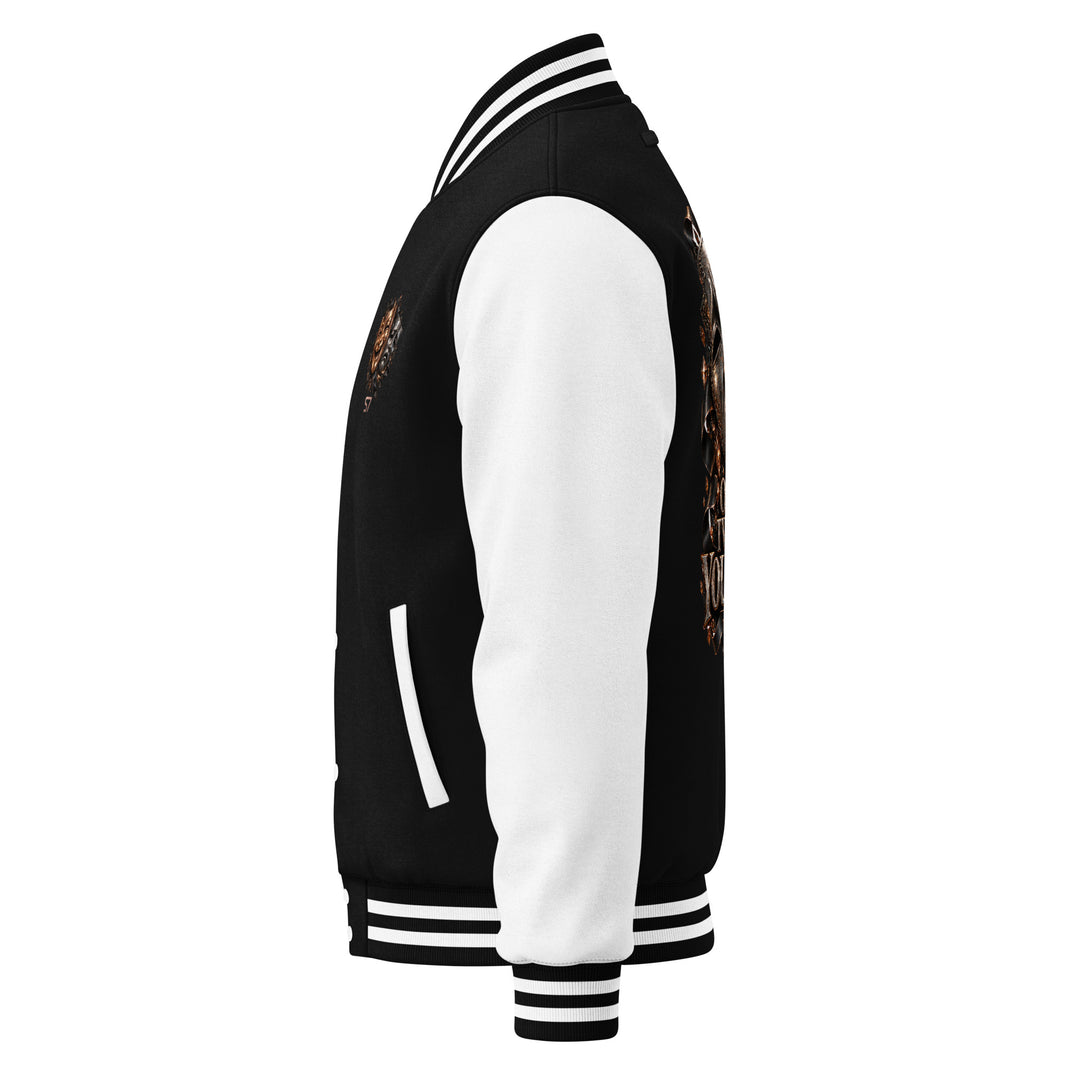 Side view of the S7 “One Life, Two Views” Statement Varsity Jacket showcasing dual-mask crest.
