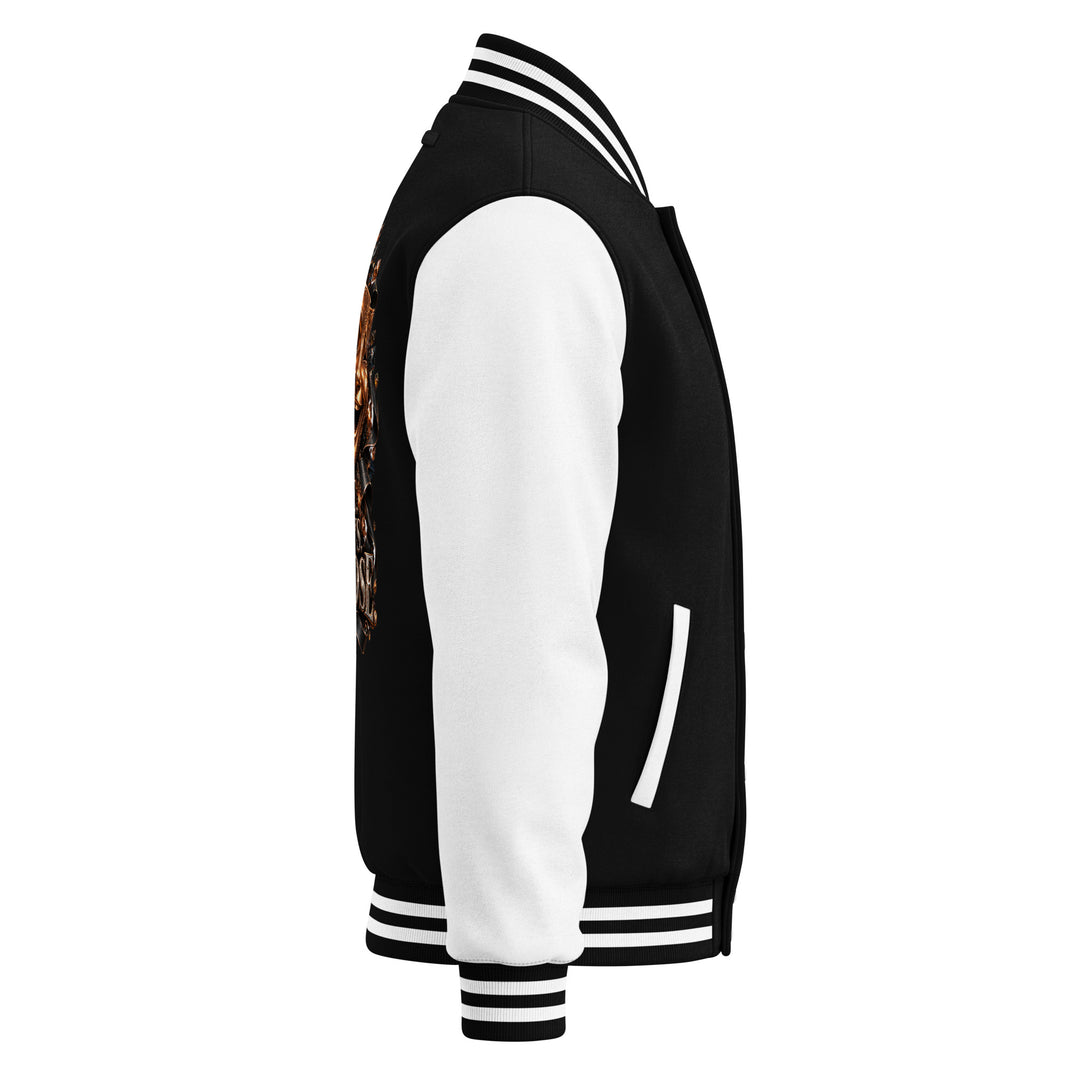 S7 “One Life, Two Views” Statement Varsity Jacket side view showcasing its dual-mask crest and sporty design.