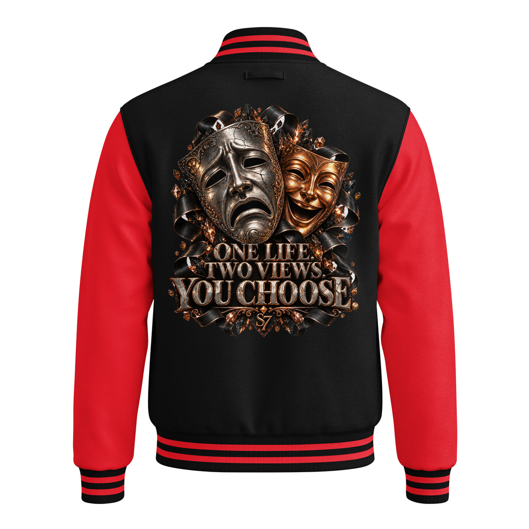 S7 “One Life, Two Views” Statement Varsity Jacket featuring dual masks and striking back design.