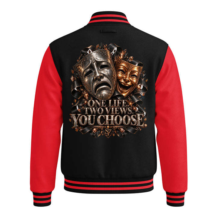 S7 “One Life, Two Views” Statement Varsity Jacket featuring dual masks and striking back design.