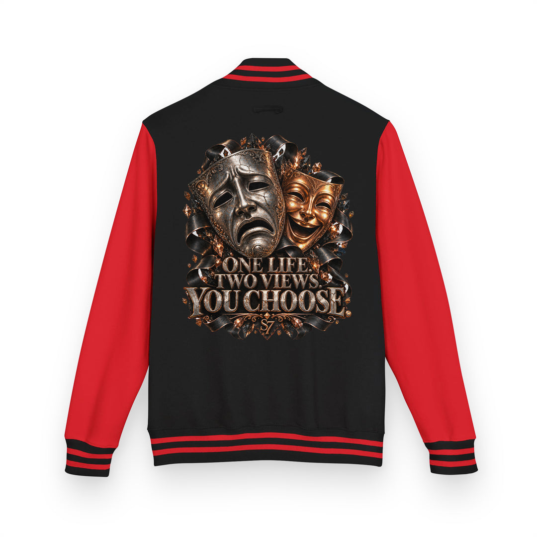 S7 “One Life, Two Views” Statement Varsity Jacket featuring dual masks and bold text on back.