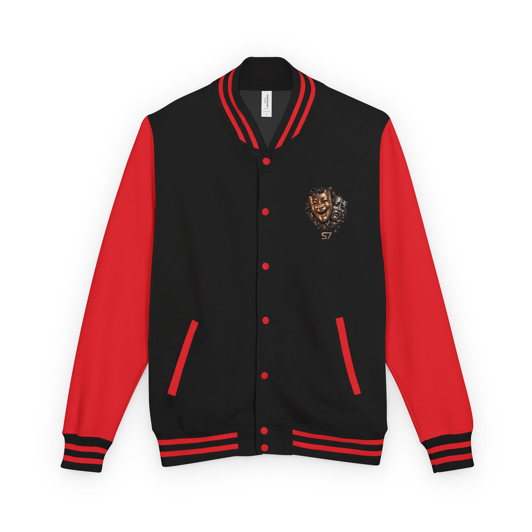 S7 “One Life, Two Views” Statement Varsity Jacket in Jet Black and Fire Red with dual-mask crest detail.