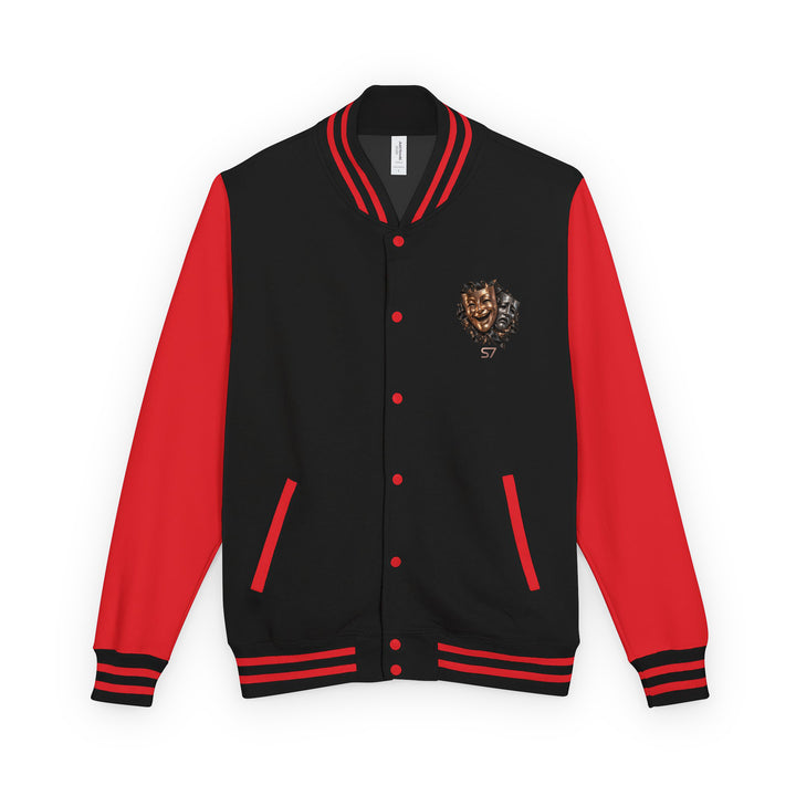 S7 “One Life, Two Views” Statement Varsity Jacket in Jet Black and Fire Red with dual-mask crest detail.