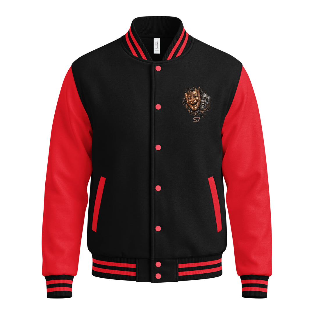 S7 “One Life, Two Views” Statement Varsity Jacket featuring a dual-mask crest on a black and red design.