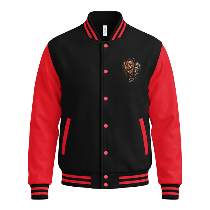 S7 “One Life, Two Views” Statement Varsity Jacket featuring a dual-mask crest on a black and red design.