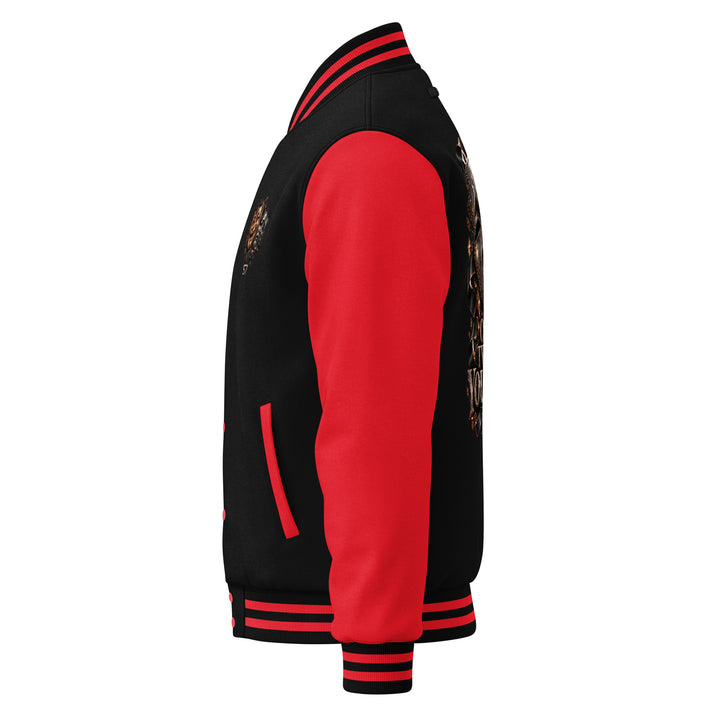 S7 "One Life, Two Views" Statement Varsity Jacket side view showcasing red sleeves and black body.