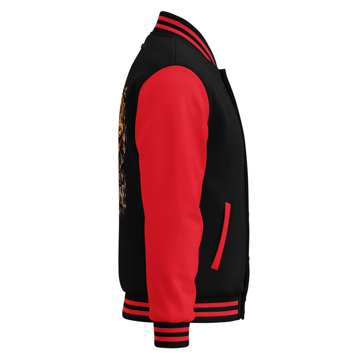 Side view of S7 “One Life, Two Views” Statement Varsity Jacket featuring bold red sleeves and classic black body.