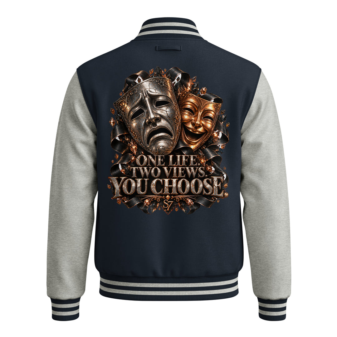 S7 “One Life, Two Views” Statement Varsity Jacket featuring dual comedy and tragedy masks with metallic artwork.