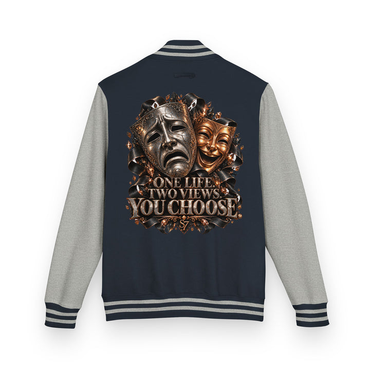 S7 “One Life, Two Views” Statement Varsity Jacket featuring comedy and tragedy masks on the back.
