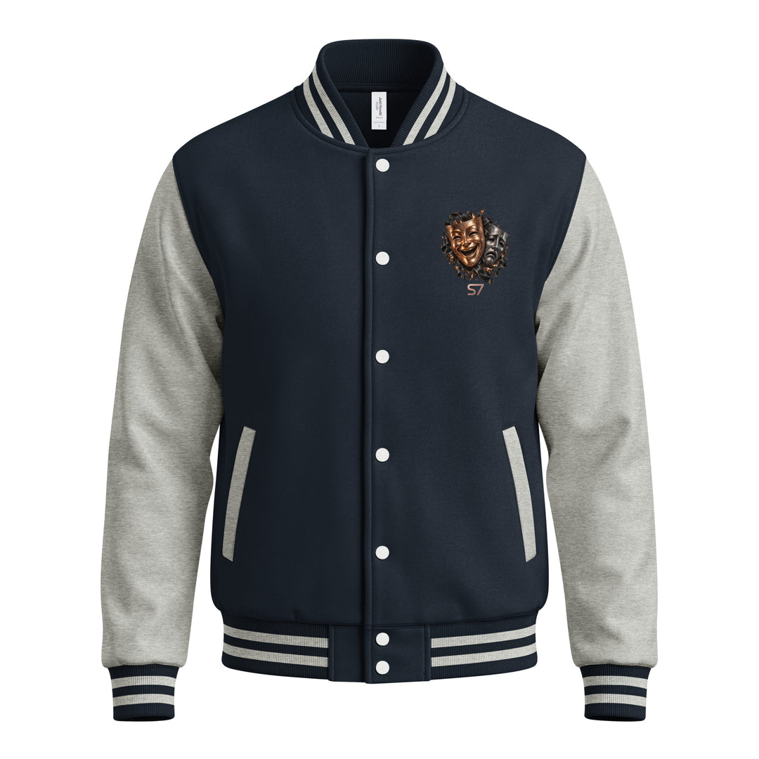 S7 “One Life, Two Views” Statement Varsity Jacket with dual-mask crest and sporty design.
