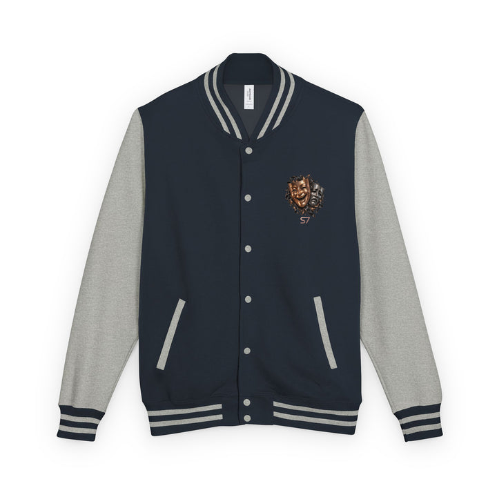 S7 "One Life, Two Views" Statement Varsity Jacket in Oxford Navy/Heather Grey with dual-mask crest design.