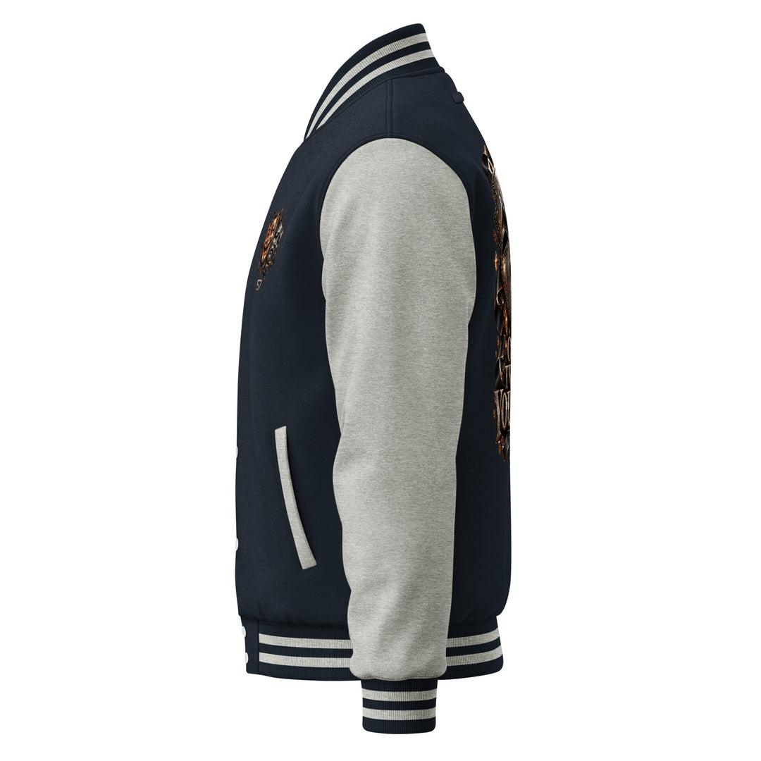 S7 “One Life, Two Views” Statement Varsity Jacket showcasing the side view, highlighting dual-tone design and detailing.