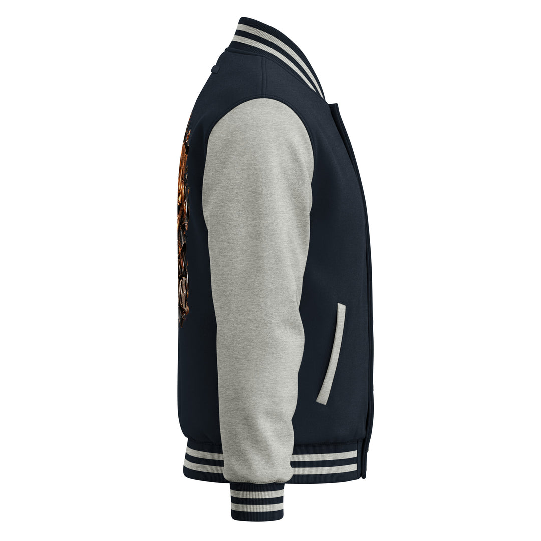 Side view of the S7 “One Life, Two Views” Statement Varsity Jacket showcasing its stylish detailing.
