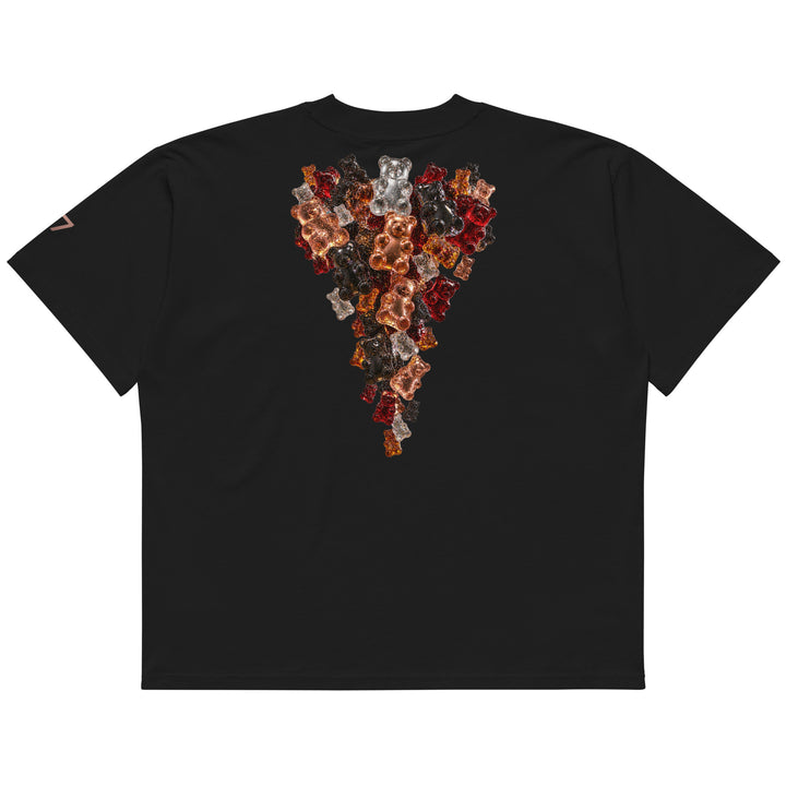 Back of black S7 Gummy Constellation T-shirt featuring a large cascading formation of jewel-like three-dimensional gummy bears.