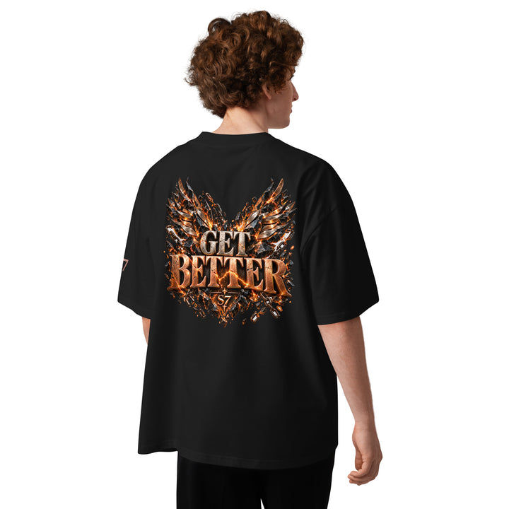 DON’T GET EVEN—GET BETTER Transformation T-Shirt | S7 displayed from behind with artistic wings and bold lettering.
