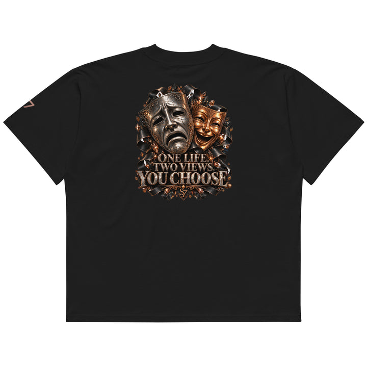 S7 “One Life, Two Views” Statement T-Shirt featuring tragedy and comedy masks with rich metallic tones.