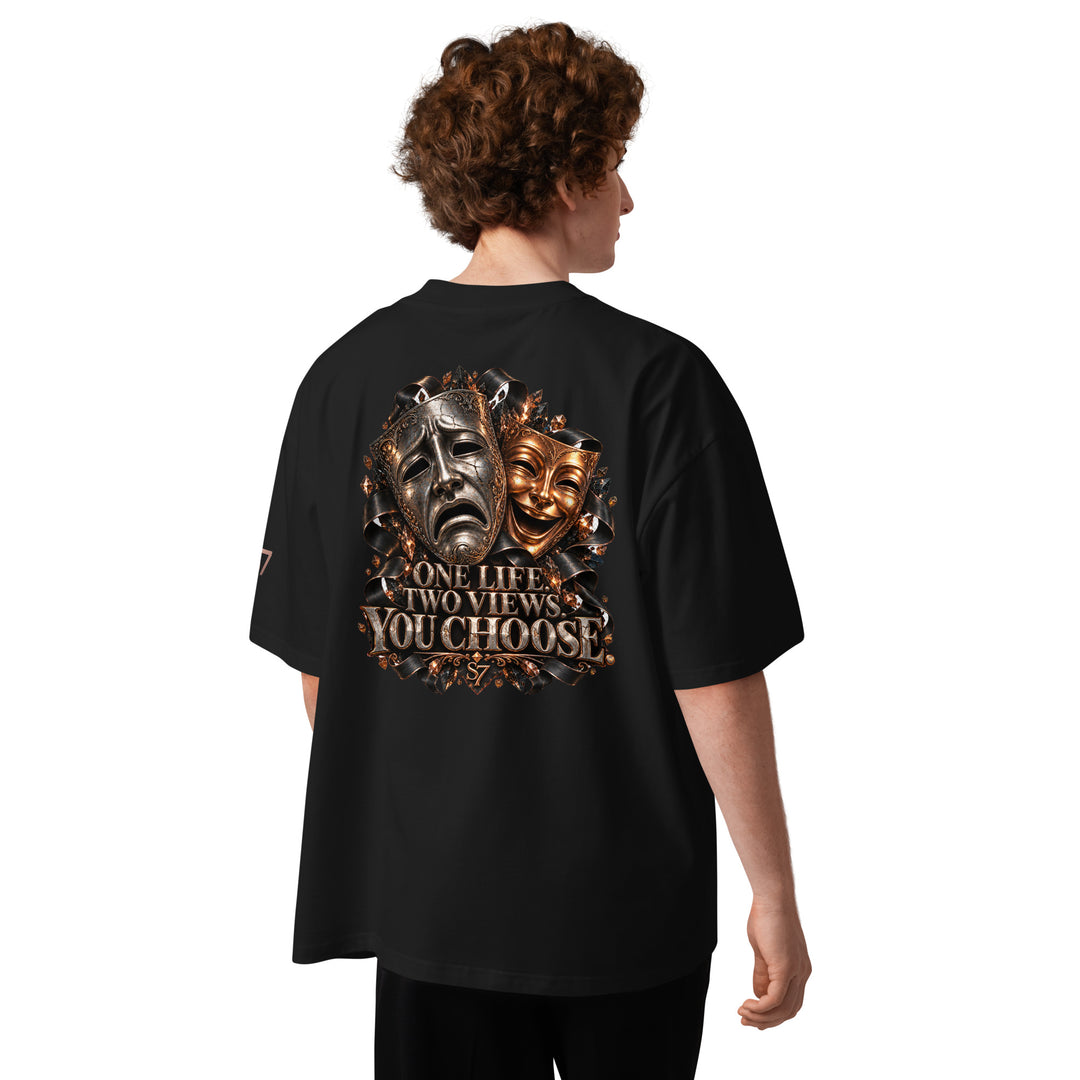 S7 “One Life, Two Views” Statement T-Shirt showcasing comedy and tragedy masks, highlighting life choices.