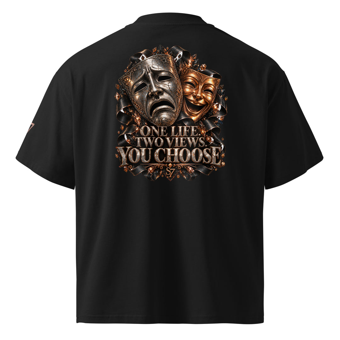 S7 “One Life, Two Views” Statement T-Shirt featuring comedy and tragedy masks, bold design, and powerful message.