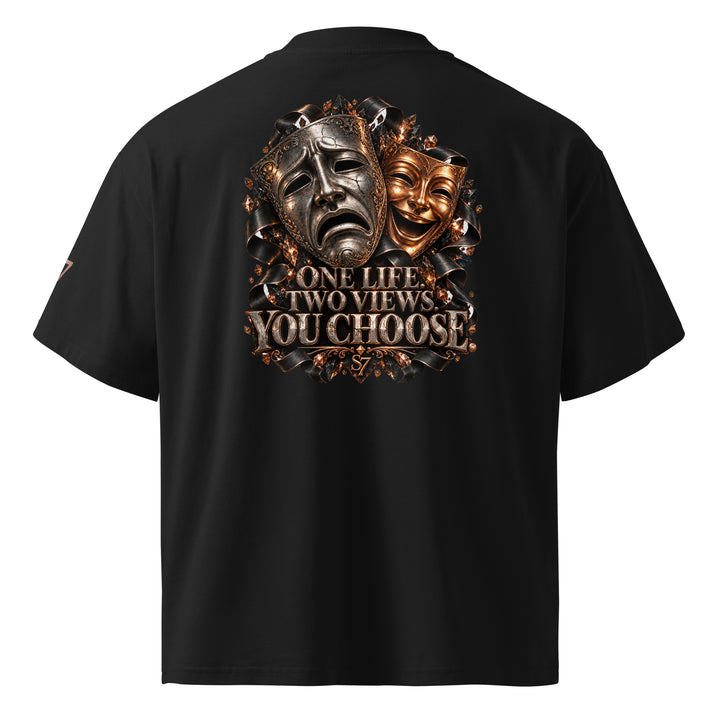 S7 “One Life, Two Views” Statement T-Shirt featuring comedy and tragedy masks, bold design, and powerful message.