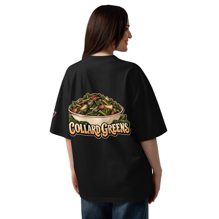 S7 Chicken &amp; Collard Greens graphic tee with a cartoon chicken on the front, illustrated bowl of collard greens on the back, and S7 sleeve logo.