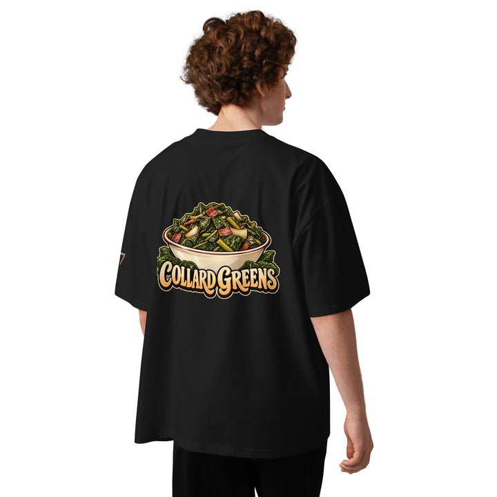 S7 Chicken &amp; Collard Greens graphic tee with a cartoon chicken on the front, illustrated bowl of collard greens on the back, and S7 sleeve logo.