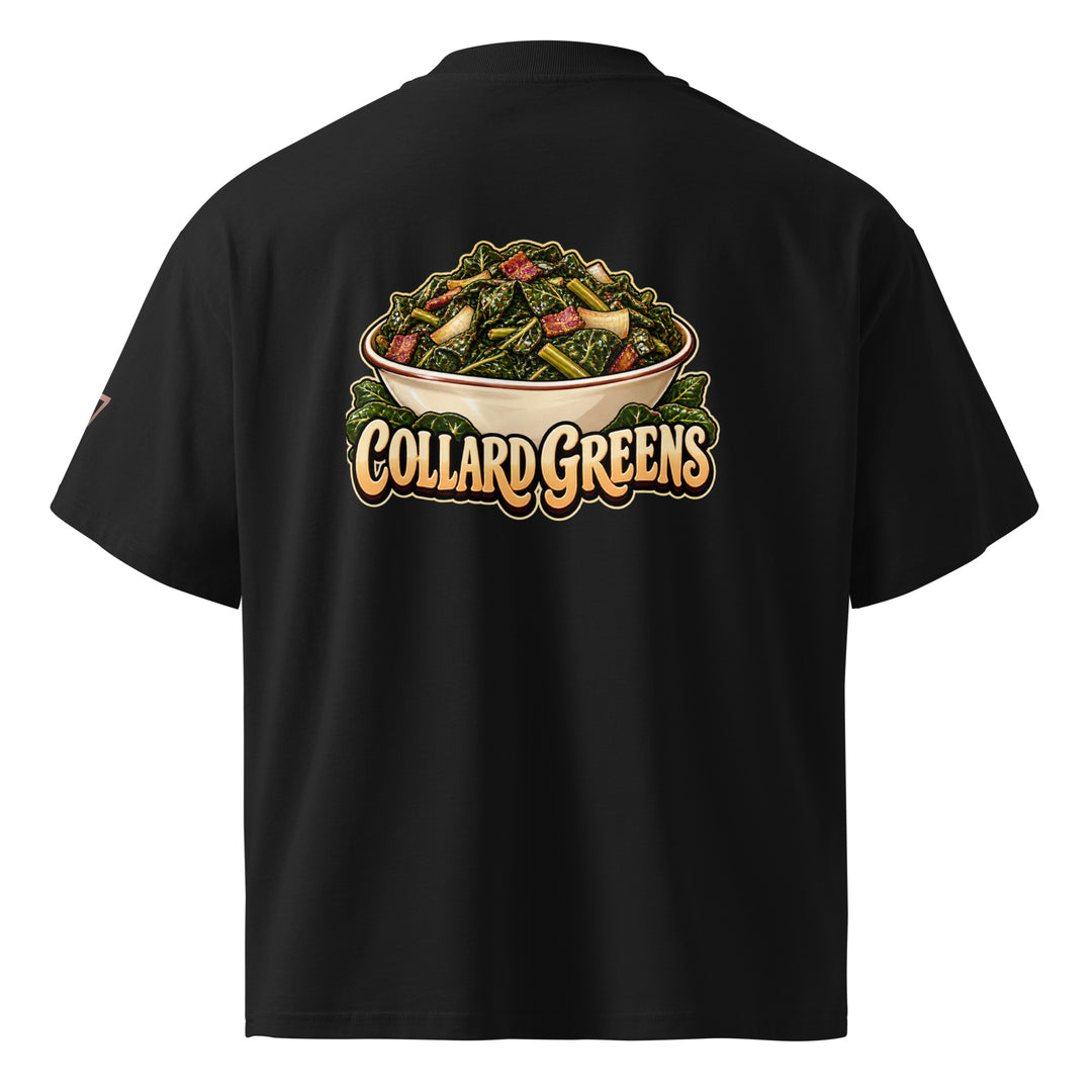 S7 Chicken &amp; Collard Greens graphic tee with a cartoon chicken on the front, illustrated bowl of collard greens on the back, and S7 sleeve logo.