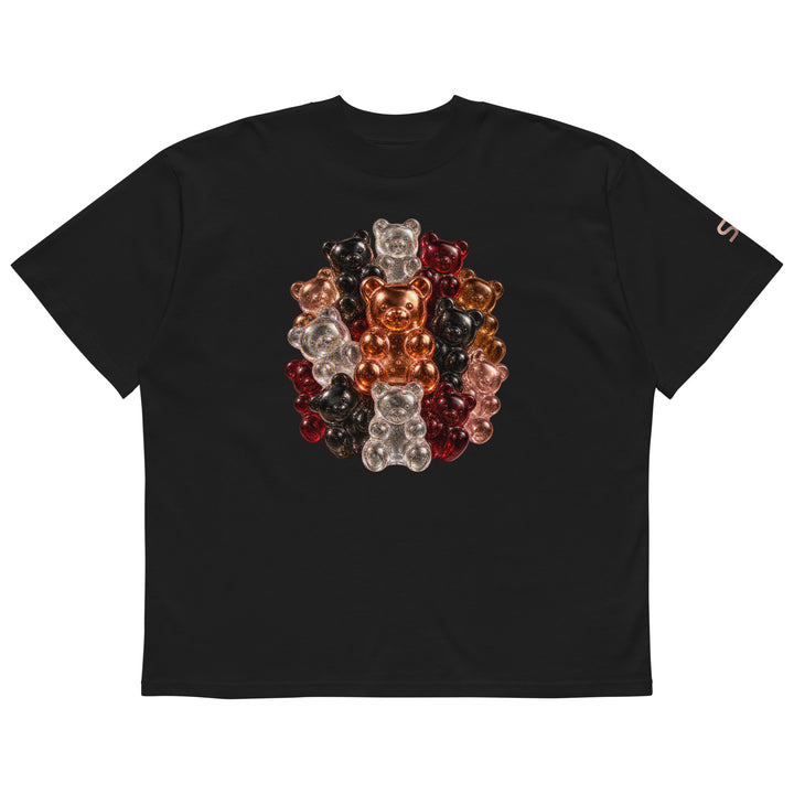 Front of black S7 Gummy Constellation T-shirt featuring a rounded cluster of platinum, copper, ruby, rose-gold and obsidian 3D gummy bears.