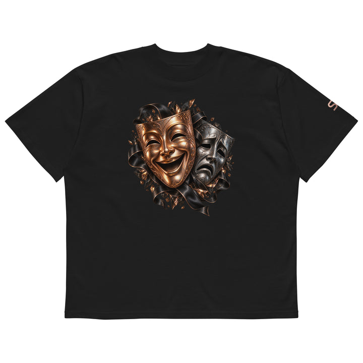 S7 “One Life, Two Views” Statement T-Shirt featuring gold comedy and silver tragedy masks in a bold design.