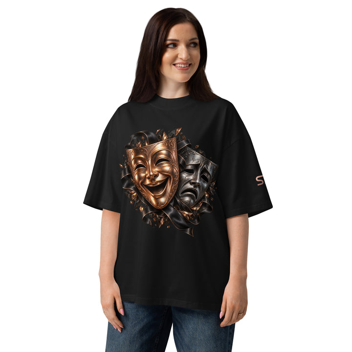 Model wearing the S7 “One Life, Two Views” Statement T-Shirt featuring comedy and tragedy masks.
