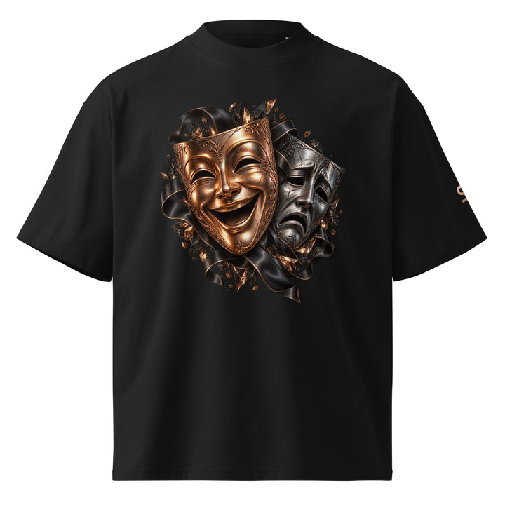 S7 “One Life, Two Views” Statement T-Shirt featuring comedy and tragedy masks in rich metallic tones on black.