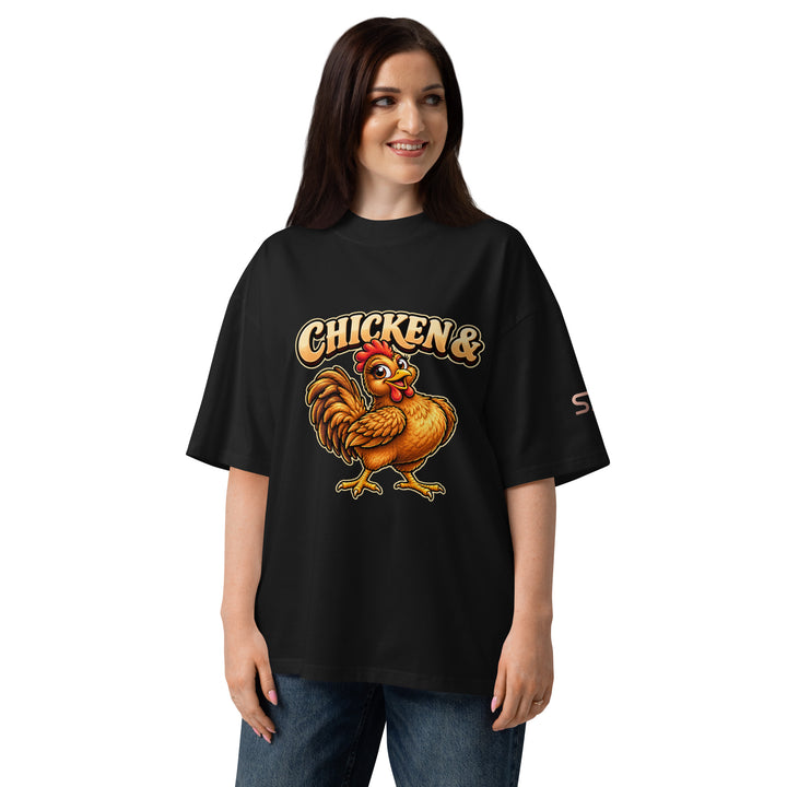 S7 Chicken &amp; Collard Greens graphic tee with a cartoon chicken on the front, illustrated bowl of collard greens on the back, and S7 sleeve logo.