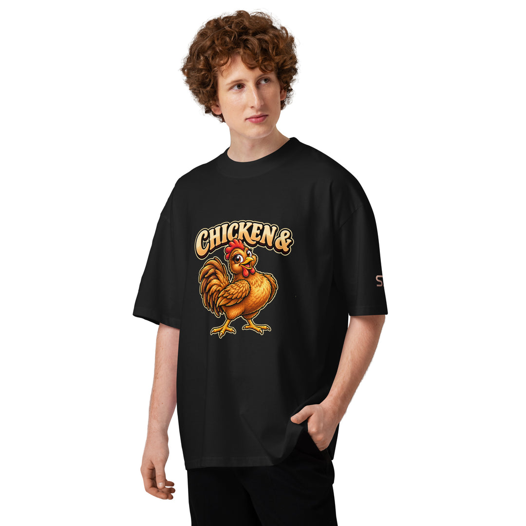S7 Chicken &amp; Collard Greens graphic tee with a cartoon chicken on the front, illustrated bowl of collard greens on the back, and S7 sleeve logo.