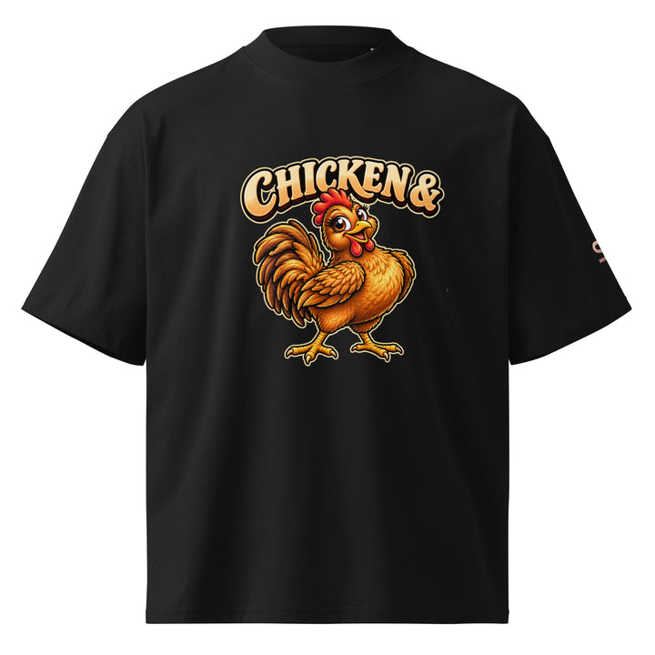 S7 Chicken &amp; Collard Greens graphic tee with a cartoon chicken on the front, illustrated bowl of collard greens on the back, and S7 sleeve logo.