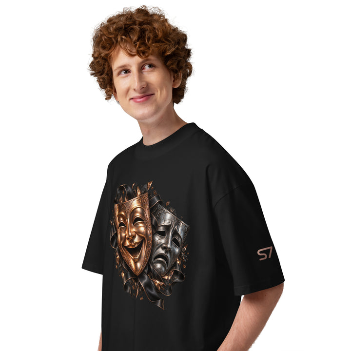 S7 “One Life, Two Views” Statement T-Shirt featuring comedy and tragedy masks, rich metallic tones, and bold design.